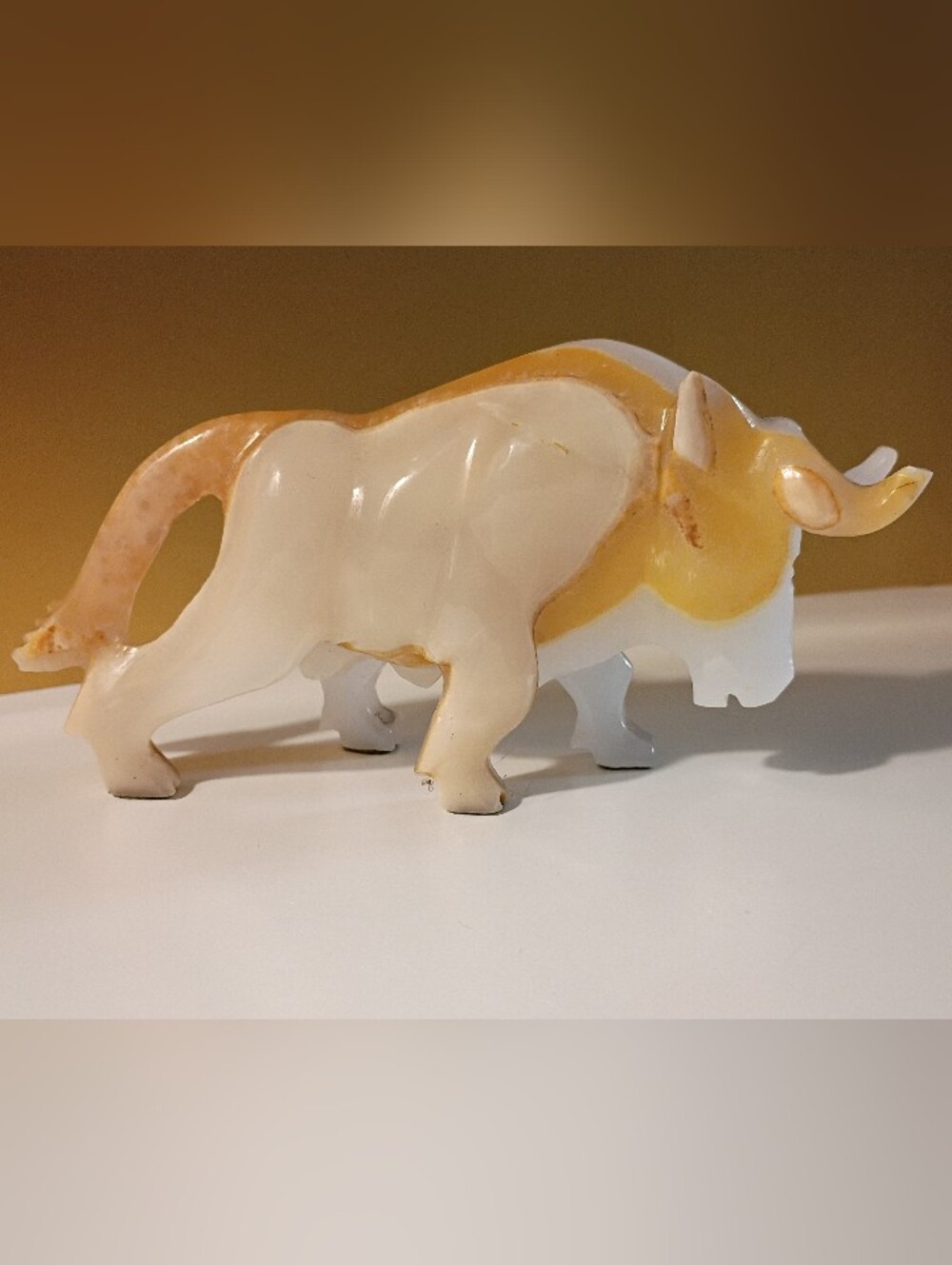 Hand-Carved Onyx Bull Sculpture - White & Amber